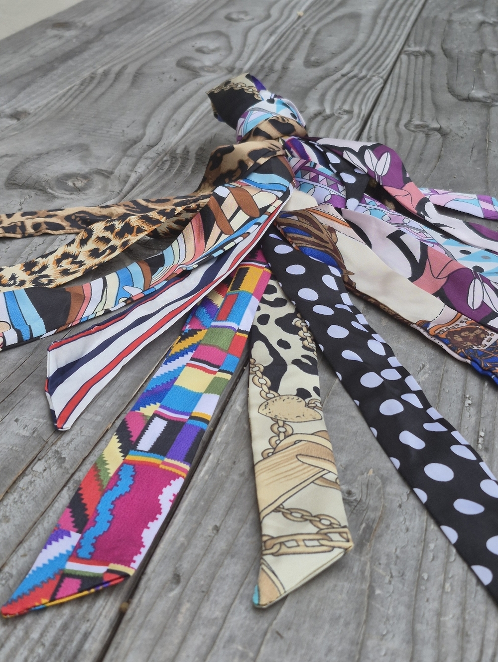 Bundle Of 9 Satin Multi-Pattern Skinny Scarfs Bag Ties - Assorted Styles - Picture 4 of 7